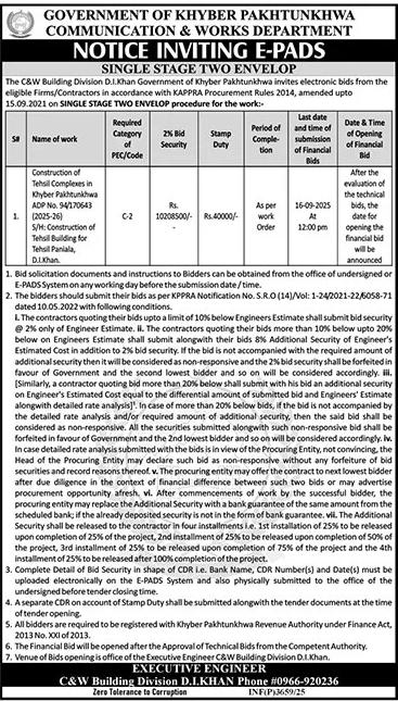 Communication & Works Department Dera Ismail Khan Tender Notice